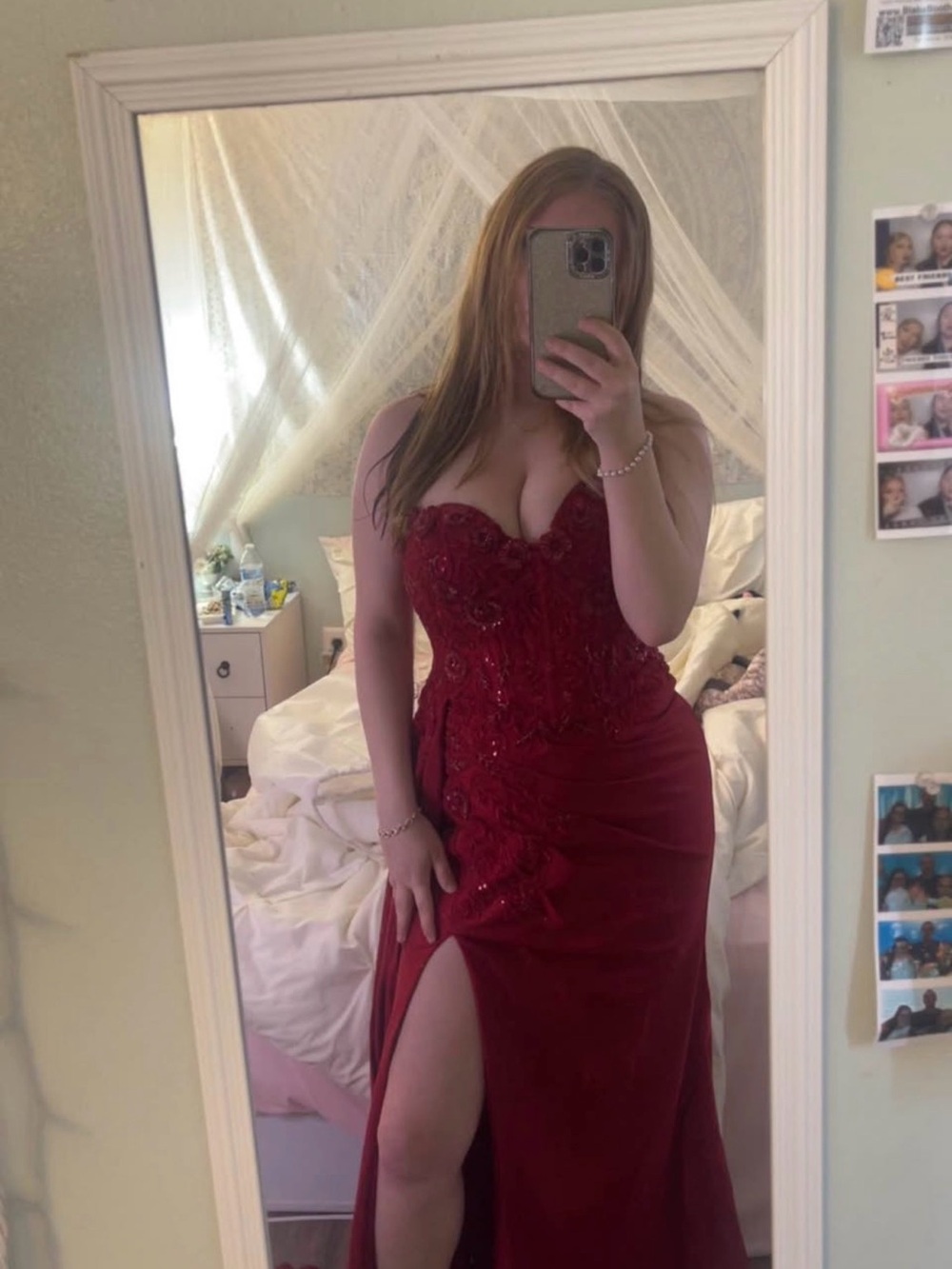 Strapless Red Prom Dress with Embroidered Bodice